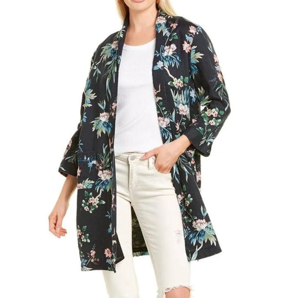 Johnny Was 100% Linen Longline Kimono Jacket Black Floral Print Boho Size Medium